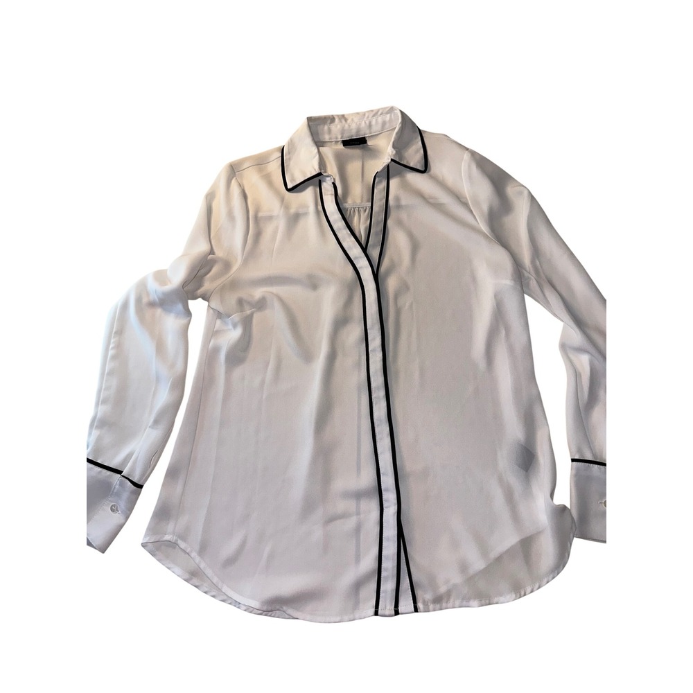 White Long Sleeve Blouse with Black Piping Trim Split V-Neck Top